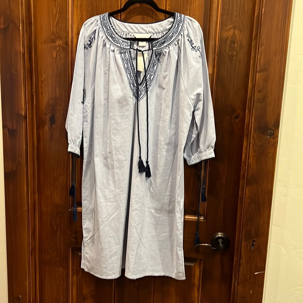Company Store XL Embroidered Blue Cotton Dress Cover-up With Tassels